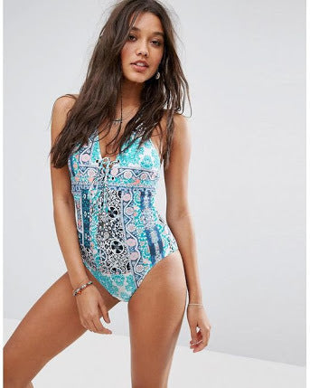 SILK MARKET LACE UP HALTER MAILLOT